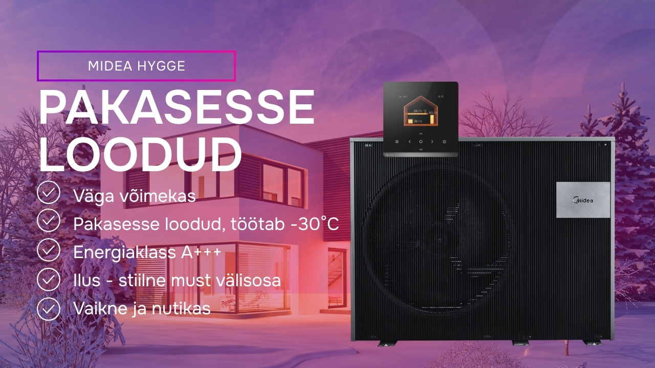 Midea Hygge parimaid õhk-vesi soojuspumpasid Eesti kliimasse, 180-240m2 majale, säästlik, ilus must välisosa, võimas, suudab kütta ka -30ga
